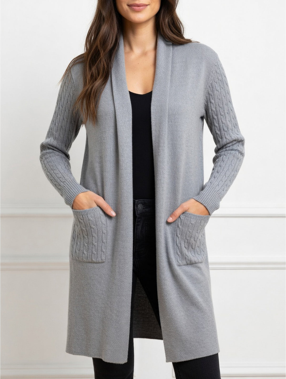 Stretchy Cable Knitted Cardigan W/ Pockets Gray