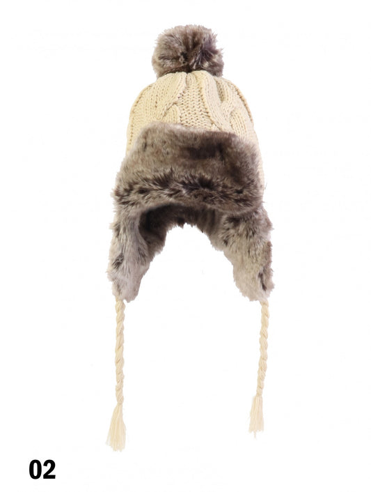 Warm Fur Cable Knitted Hat W/ Ear Flaps & Cable Tassels