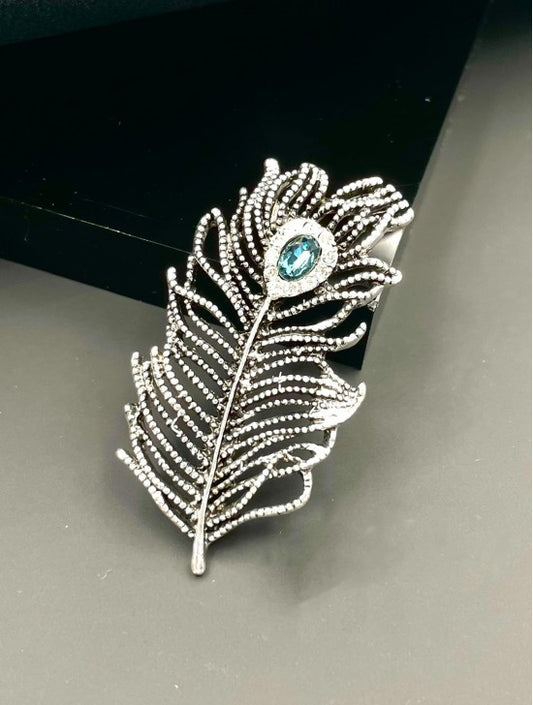 Feather Design Rhinestone and Blue Gem Brooch