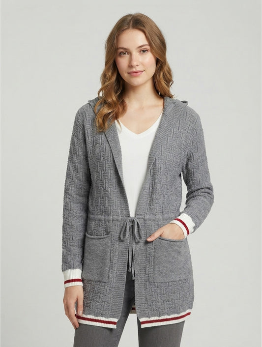 Canadiana Grey Cardigan with Red+White Details, Pockets and Hood
