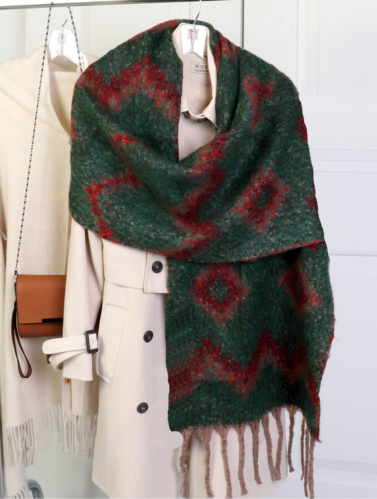 Reversible  Patterned Blanket Scarfs W/ Twisted Tassels