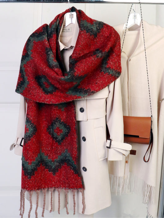 Reversible  Patterned Blanket Scarfs W/ Twisted Tassels