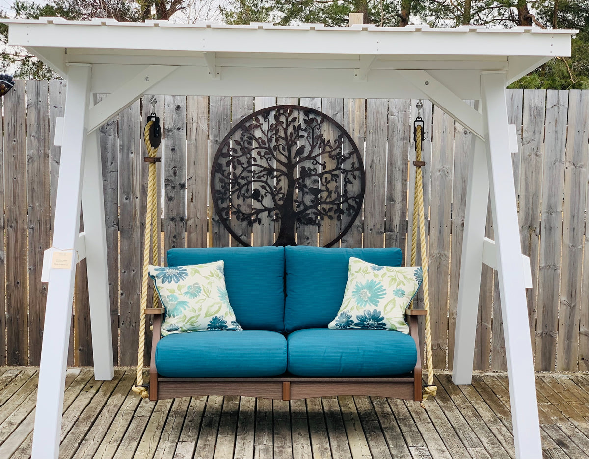 Berlin Gardens Classic Terrace Loveseat Swing w/ Vinyl A-Frame with roof
