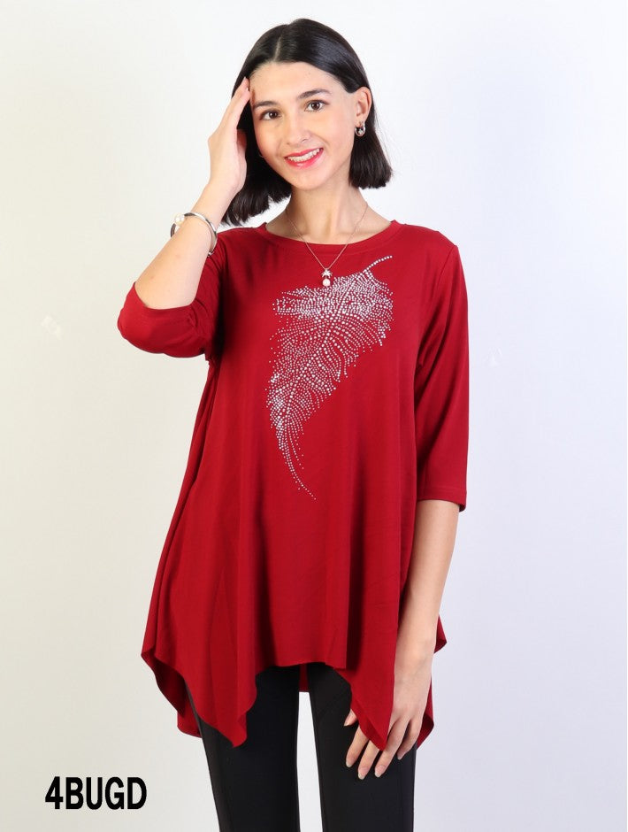 Top - Feather Rhinestones - 3/4 Sleeve